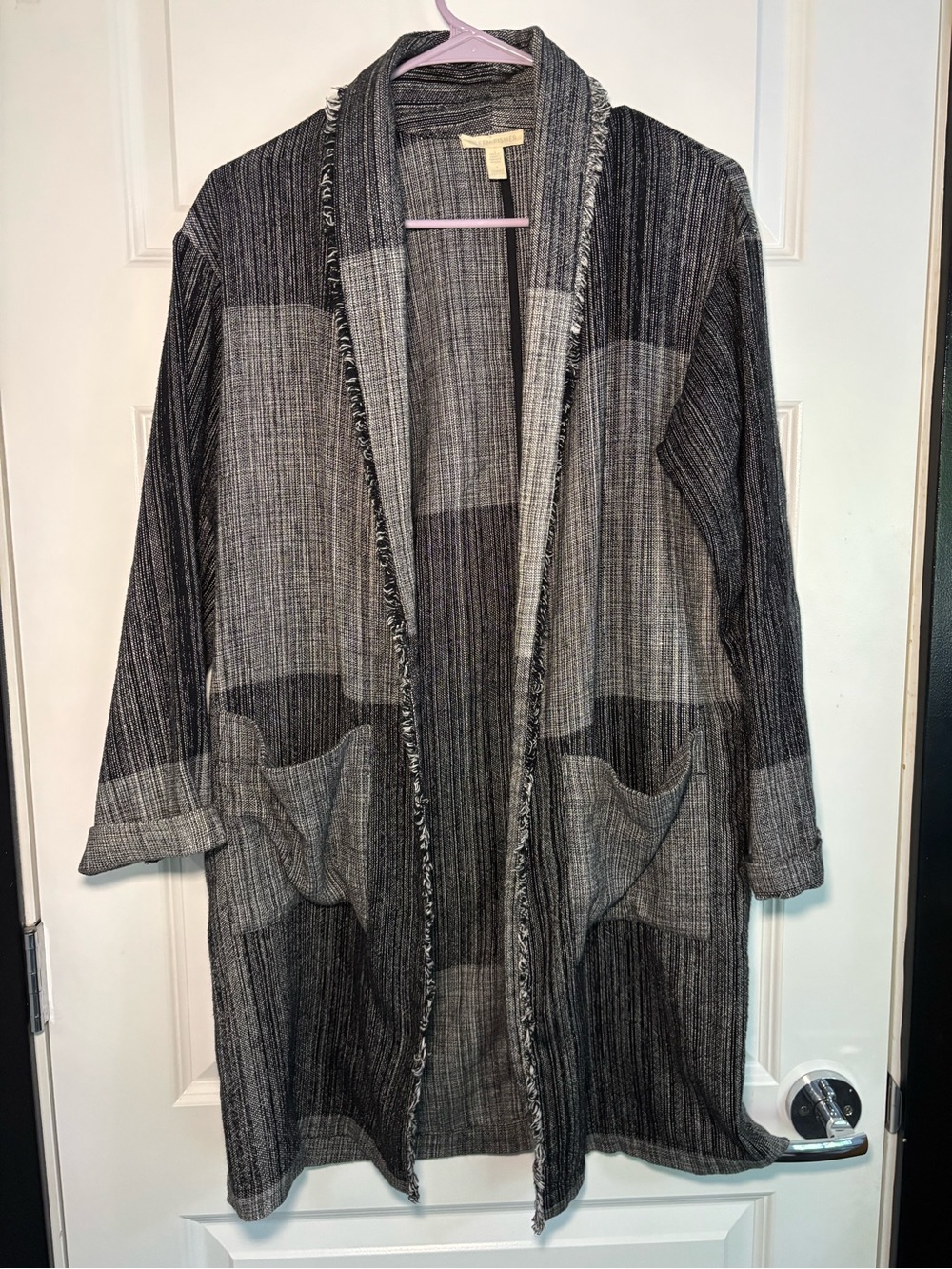Eileen Fisher Hazy Blocks Organic Cotton Open Front Duster Jacket Cardigan XXS
